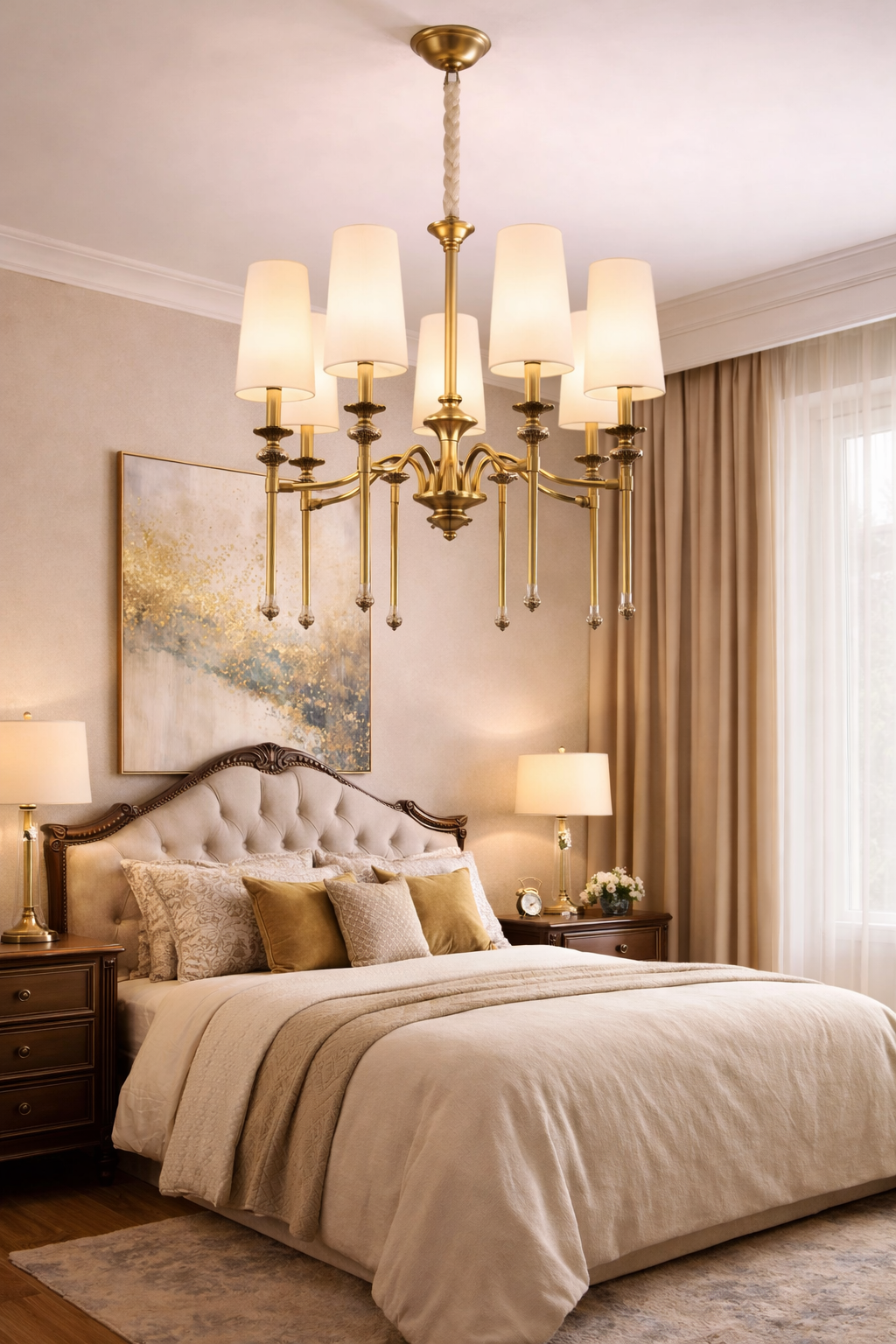 HDC 8 Lights Luxury Gold Body Fabric Shade Chandelier for Living Room