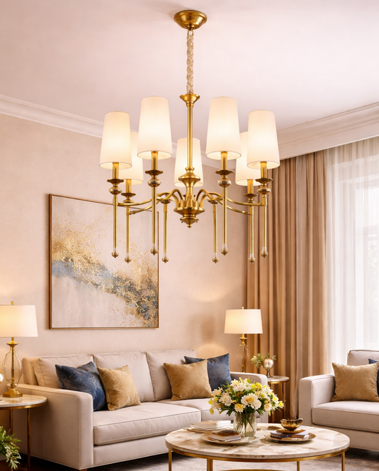 HDC 8 Lights Luxury Gold Body Fabric Shade Chandelier for Living Room