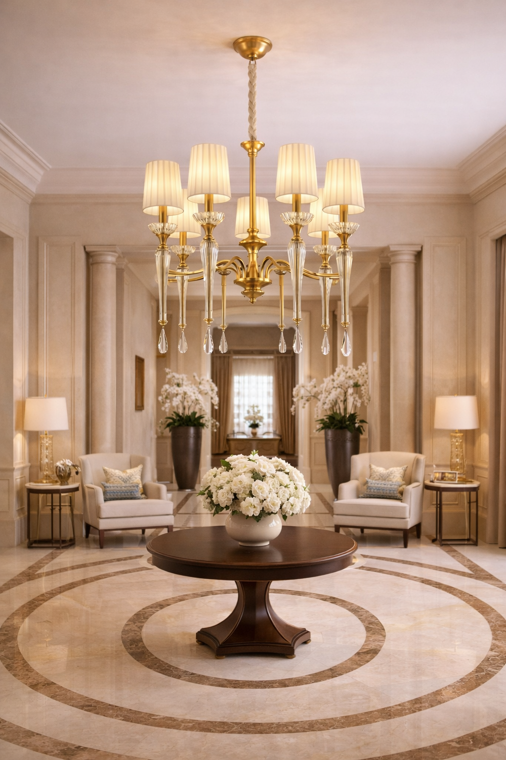 HDC 8 Lights Luxury Classic Crystal Arm Gold Finish Chandelier with Fabric Shades for Living Room