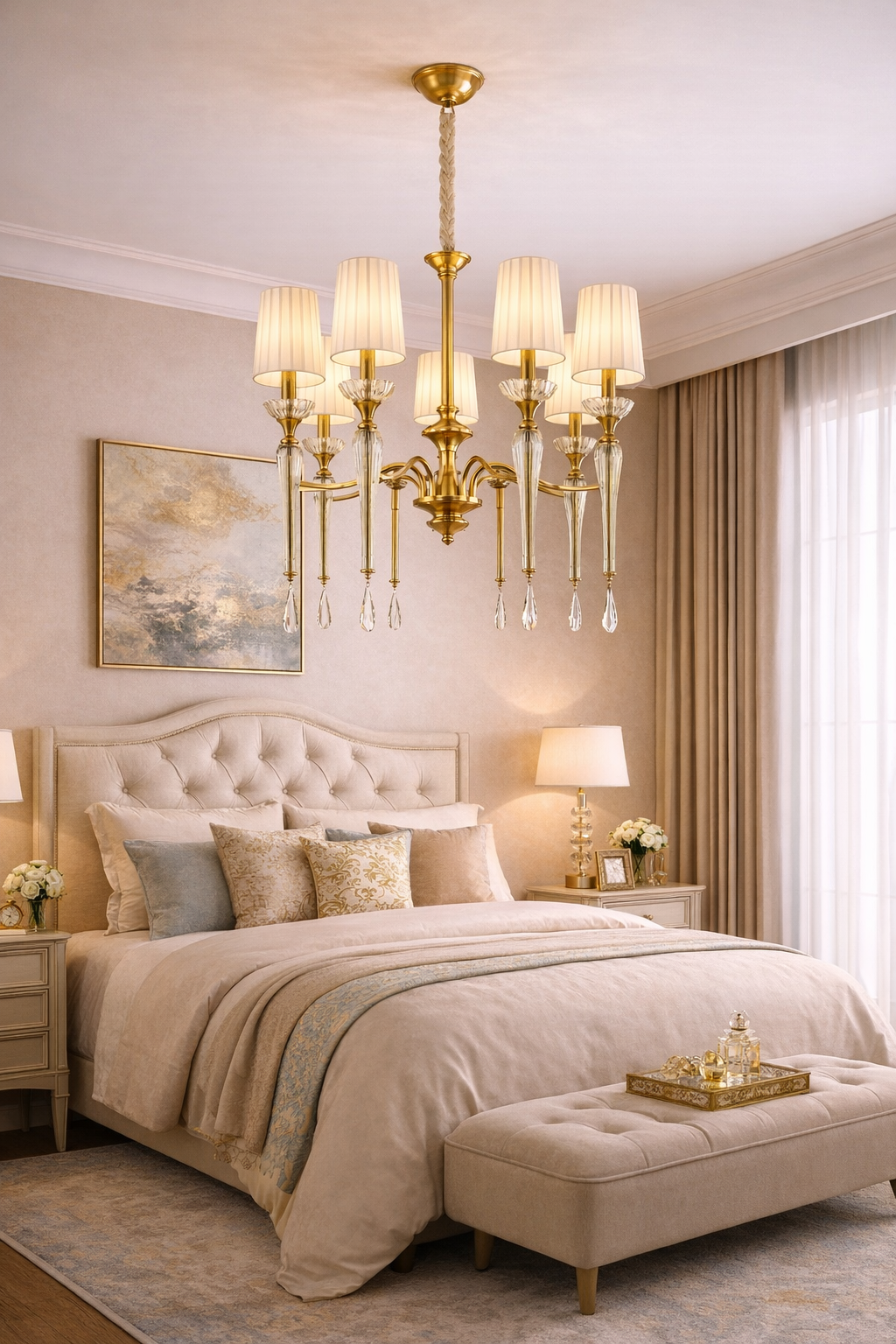 HDC 8 Lights Luxury Classic Crystal Arm Gold Finish Chandelier with Fabric Shades for Living Room