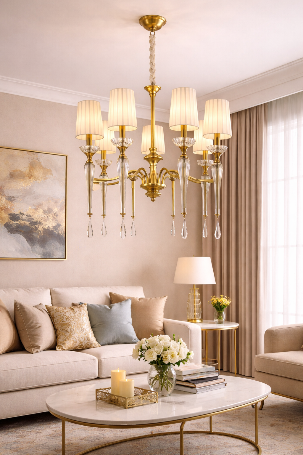 HDC 8 Lights Luxury Classic Crystal Arm Gold Finish Chandelier with Fabric Shades for Living Room