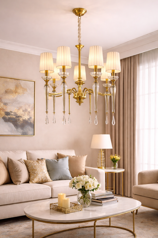 HDC 8 Lights Luxury Classic Crystal Arm Gold Finish Chandelier with Fabric Shades for Living Room