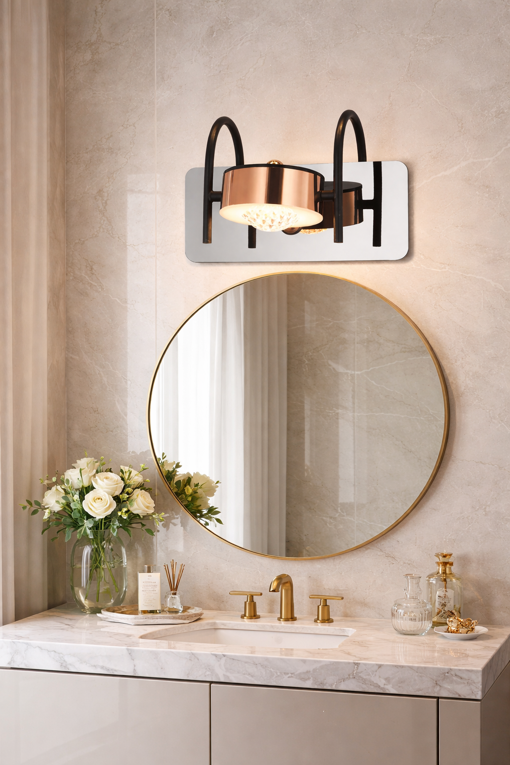 HDC Luxury Rose Gold & Black Acrylic LED Mirror Wall Light for Washroom