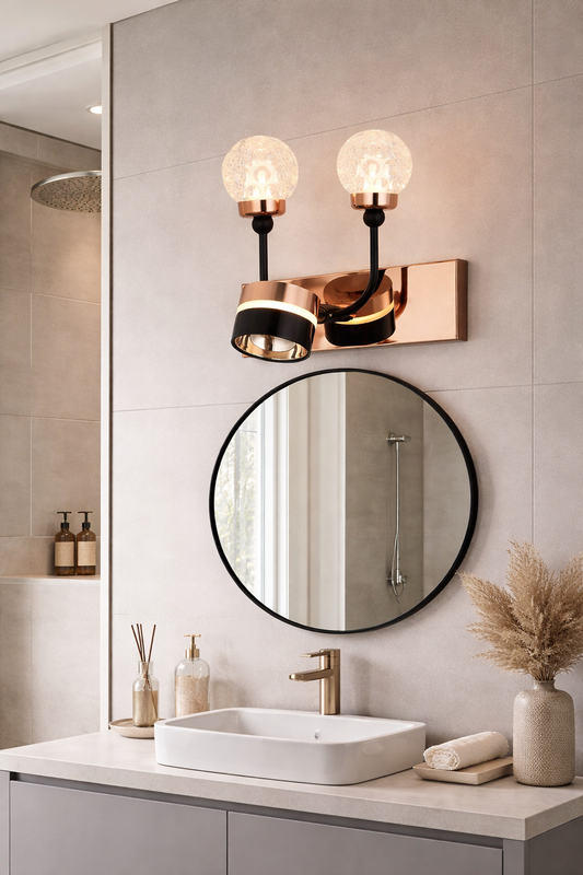 HDC Luxury Black & Rose Gold Dual Globe Mirror Light for Washroom