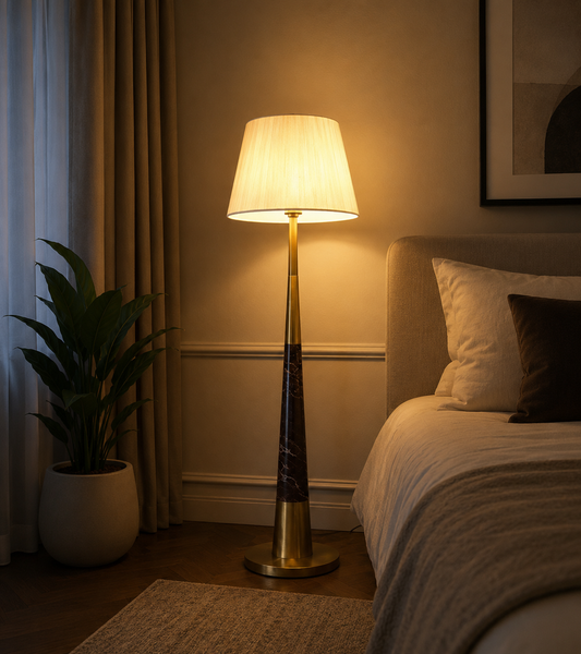 HDC Luxury Marble Finish Floor Lamp with Fabric Shade for Living Room & Bedroom