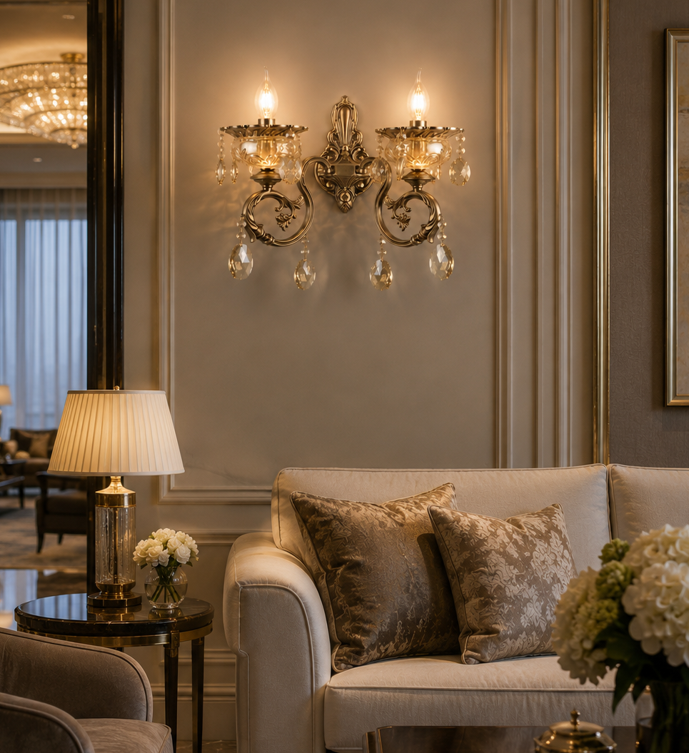 HDC Luxury Antique Crystal Double Wall Light for Bedroom, Living Room