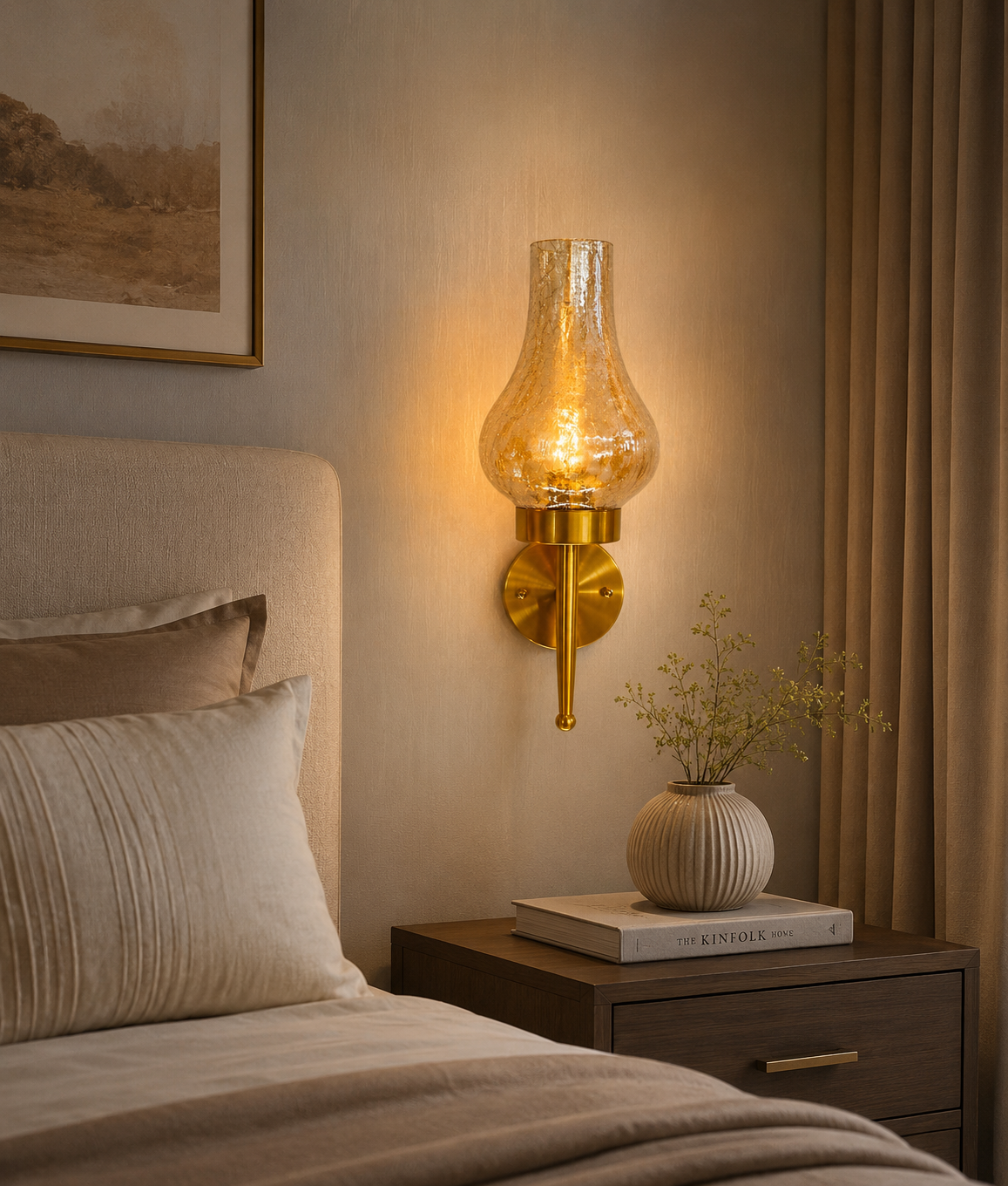 HDC Modern Amber Crackle Glass Wall Light for Bedroom, Living Room & Hallway
