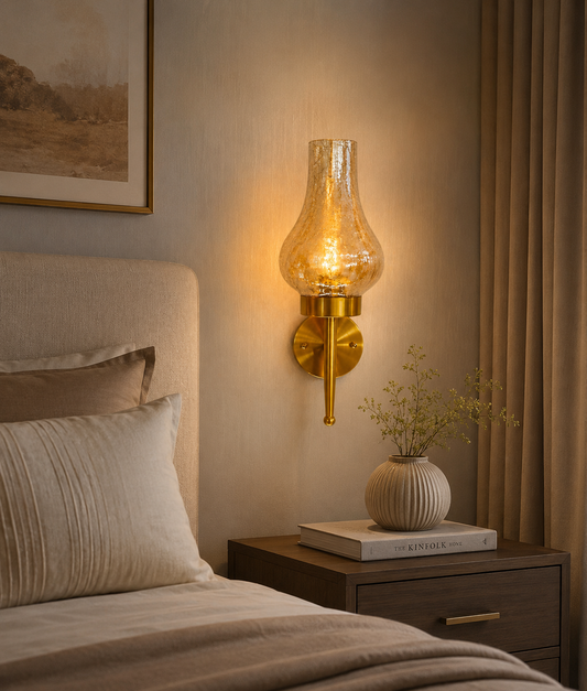 HDC Modern Amber Crackle Glass Wall Light for Bedroom, Living Room & Hallway
