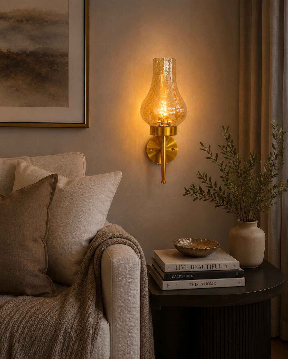 HDC Modern Amber Crackle Glass Wall Light for Bedroom, Living Room & Hallway