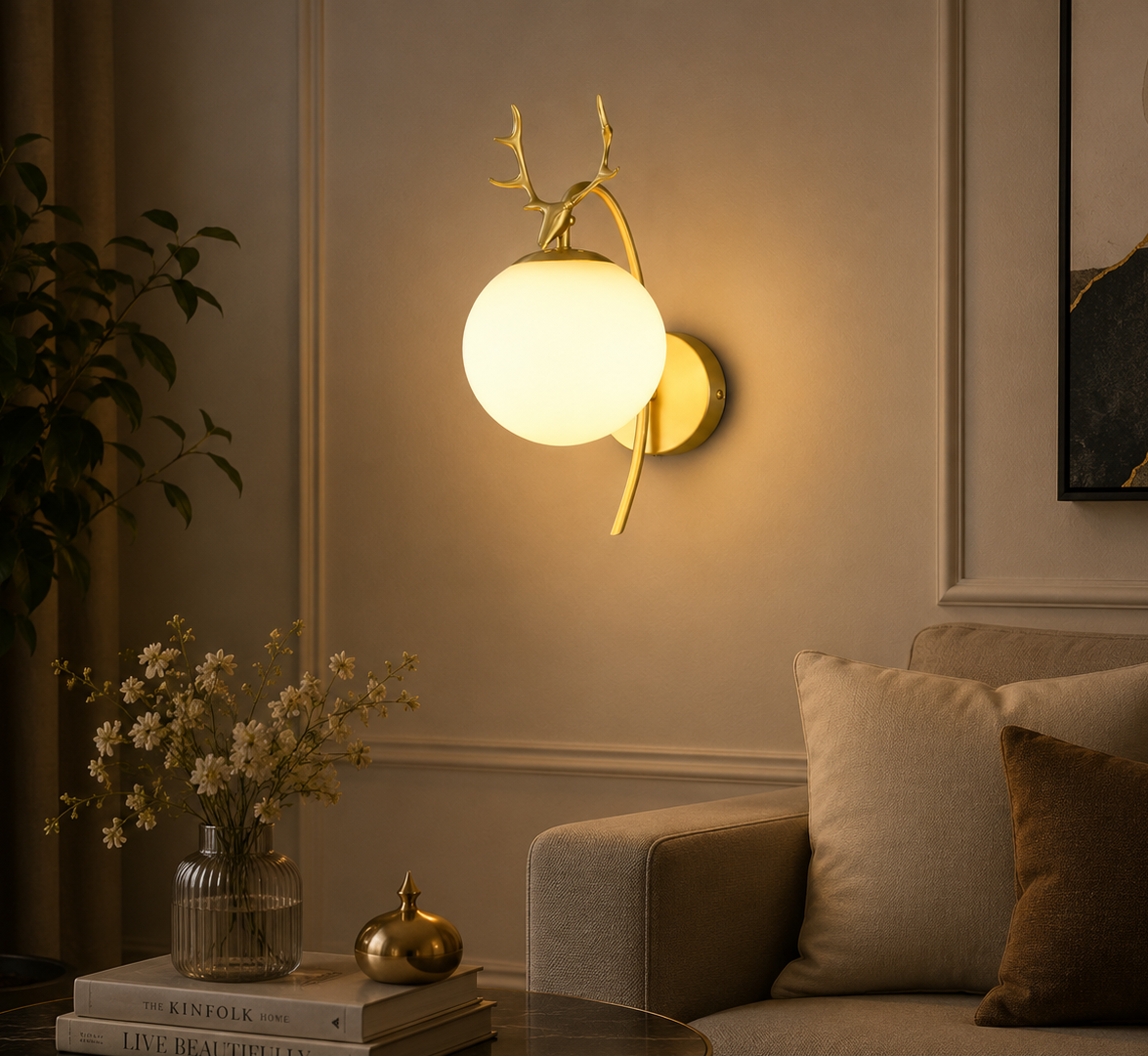 HDC Modern Deer Antler Globe Wall Light for Bedroom & Living Room