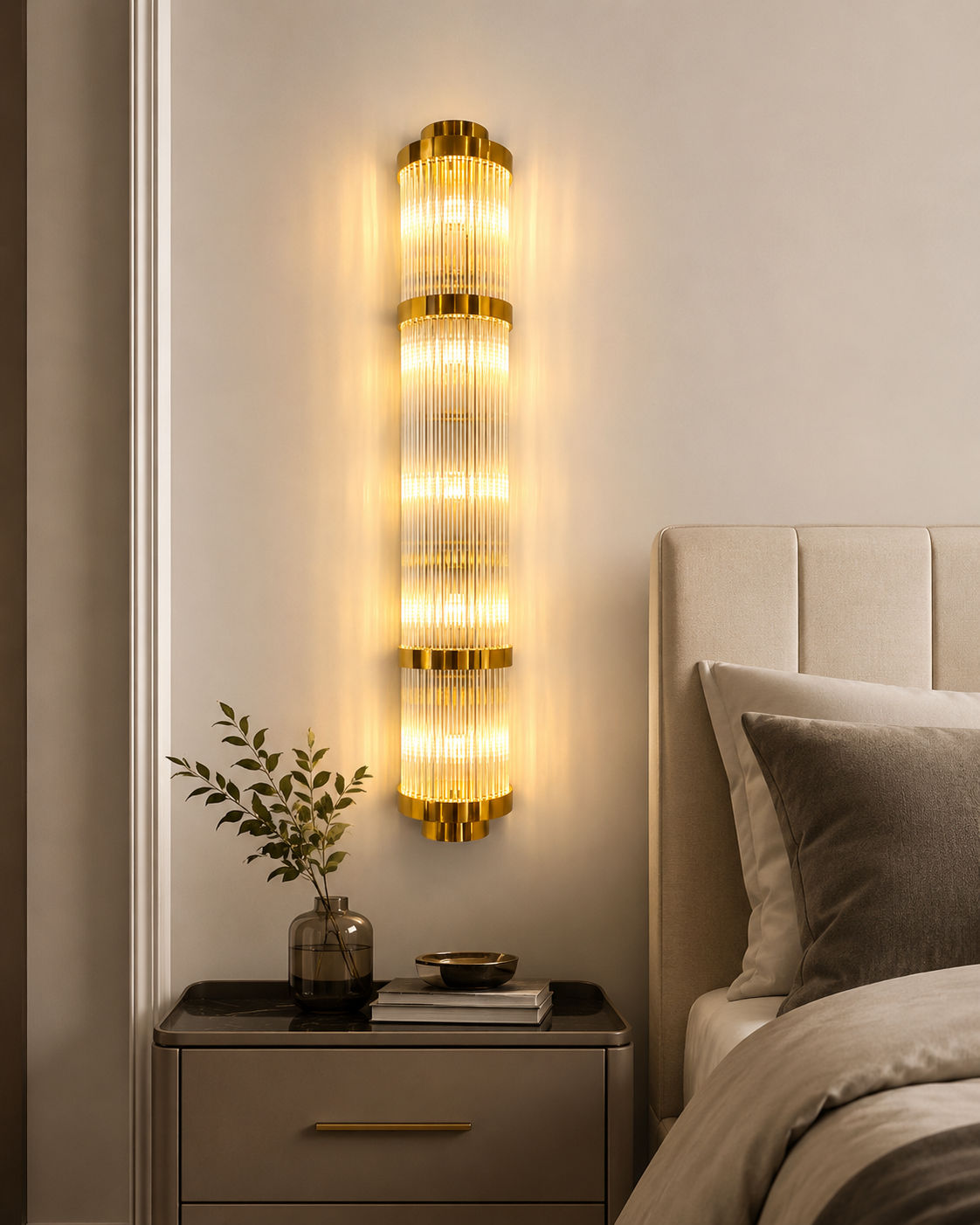 HDC Luxury Gold Ribbed Crystal Wall Light for Bedroom, Living Room