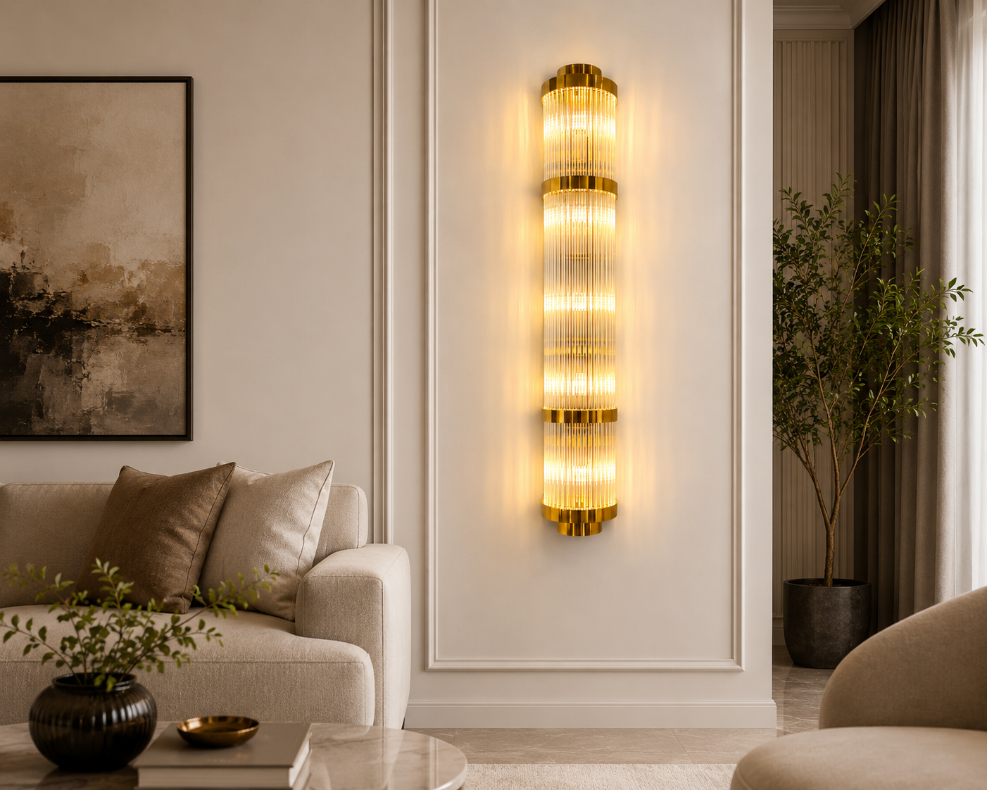 HDC Luxury Gold Ribbed Crystal Wall Light for Bedroom, Living Room