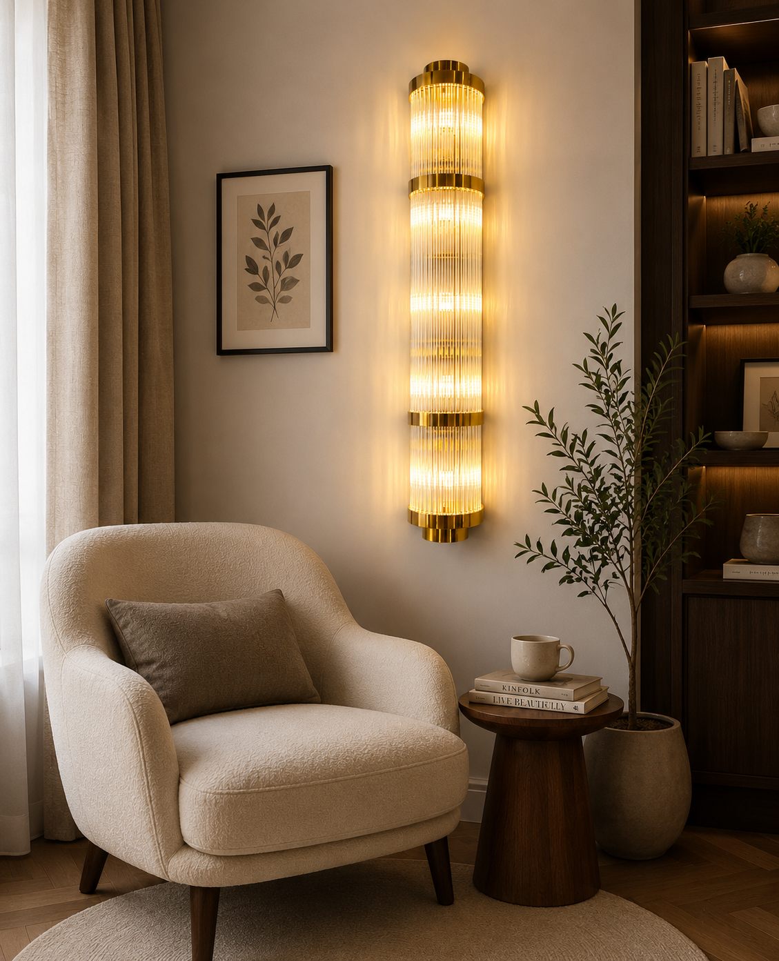 HDC Luxury Gold Ribbed Crystal Wall Light for Bedroom, Living Room