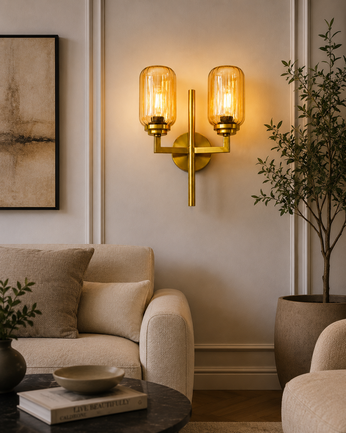 HDC Modern Antique Brass Dual Glass Wall Light for Bedroom, Living Room