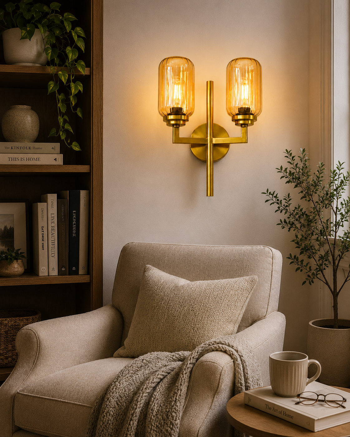 HDC Modern Antique Brass Dual Glass Wall Light for Bedroom, Living Room