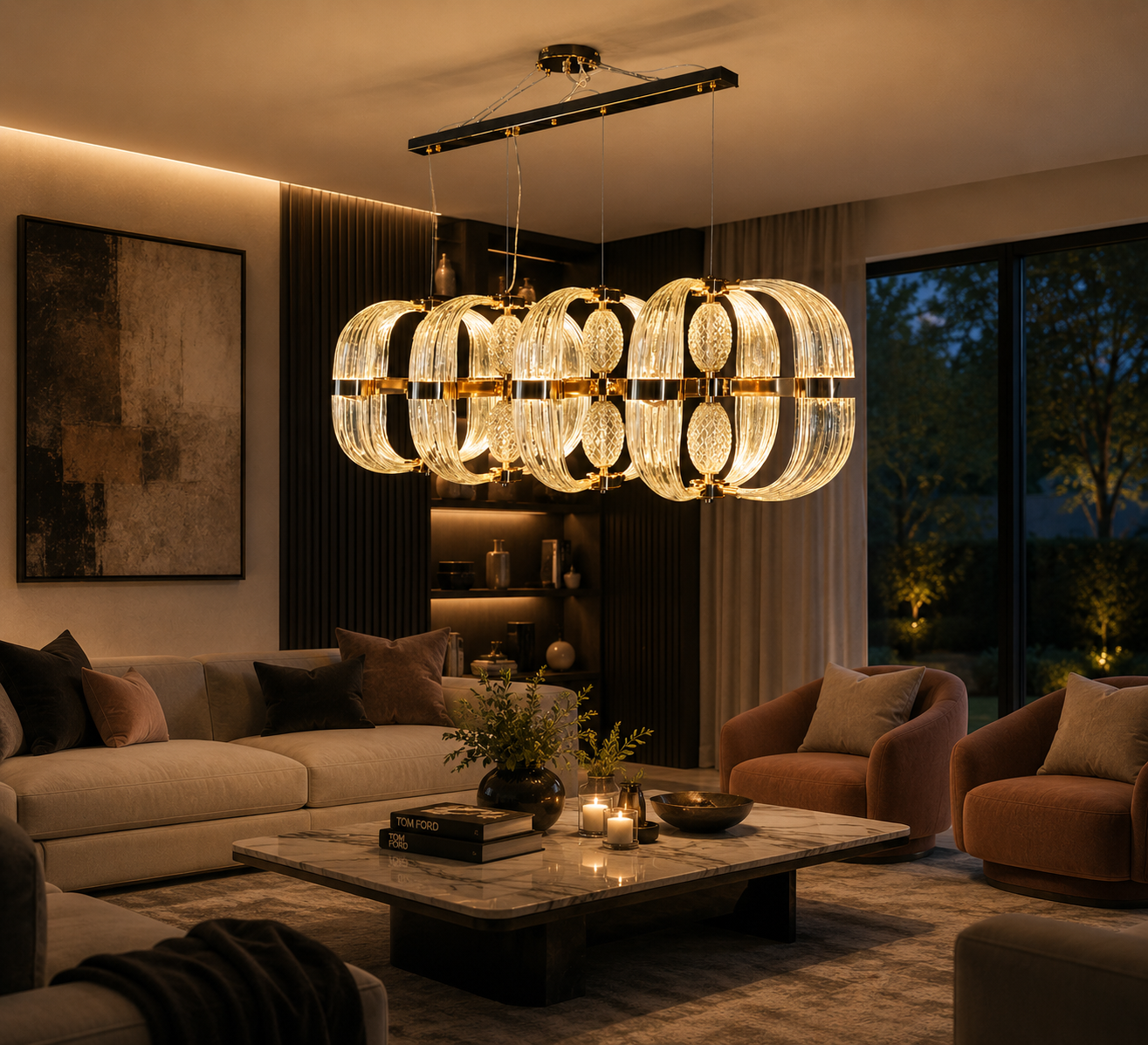 HDC 1200mm Modern Luxury Crystal LED Linear Chandelier Light for Dining Room & Living Space