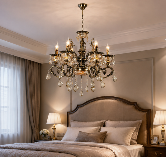 HDC Vintage Crystal 6 Light Antique Brass Chandelier Ceiling Light for Bedroom, Living Room
