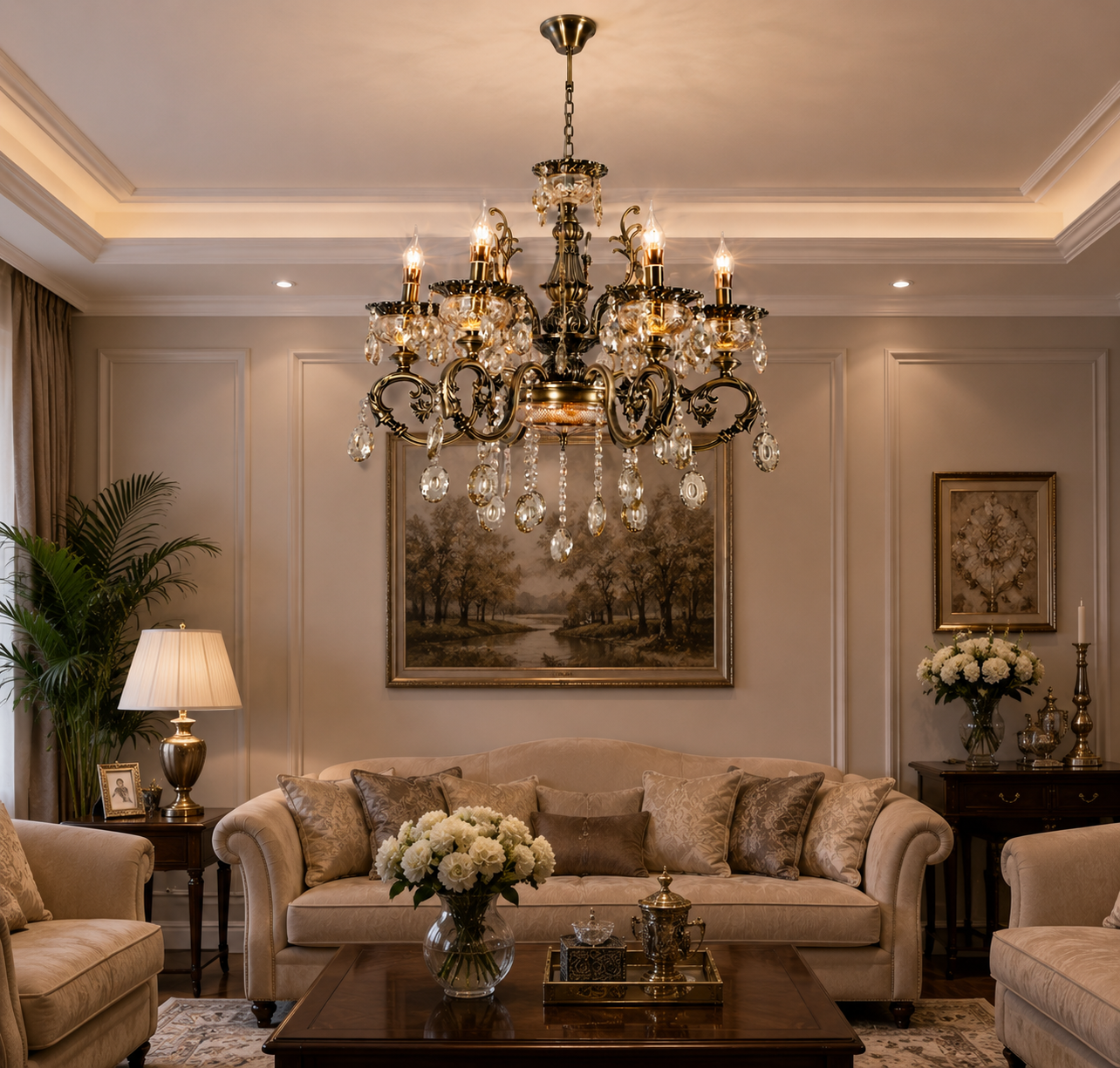 HDC Vintage Crystal 6 Light Antique Brass Chandelier Ceiling Light for Bedroom, Living Room