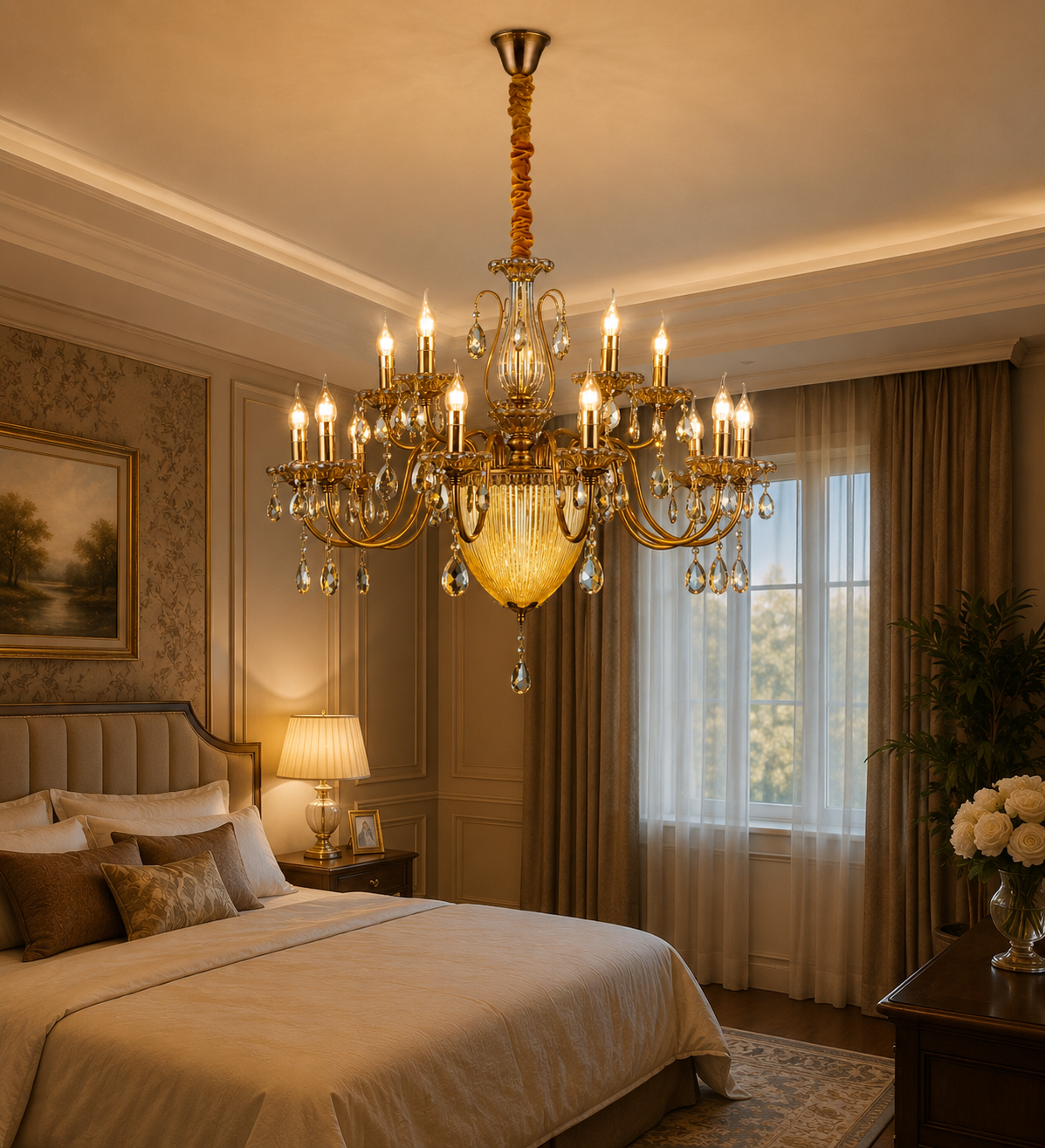 HDC 15 Light Crystal Glass Multi-Arm Chandelier Ceiling Light for Living Room, Dining Hall & Hotel Lobby