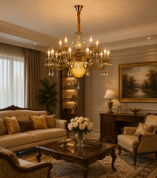 HDC 15 Light Crystal Glass Multi-Arm Chandelier Ceiling Light for Living Room, Dining Hall & Hotel Lobby