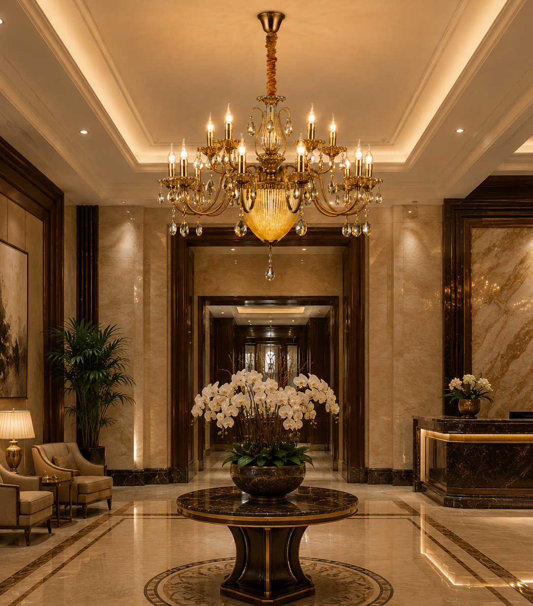 HDC 15 Light Crystal Glass Multi-Arm Chandelier Ceiling Light for Living Room, Dining Hall & Hotel Lobby