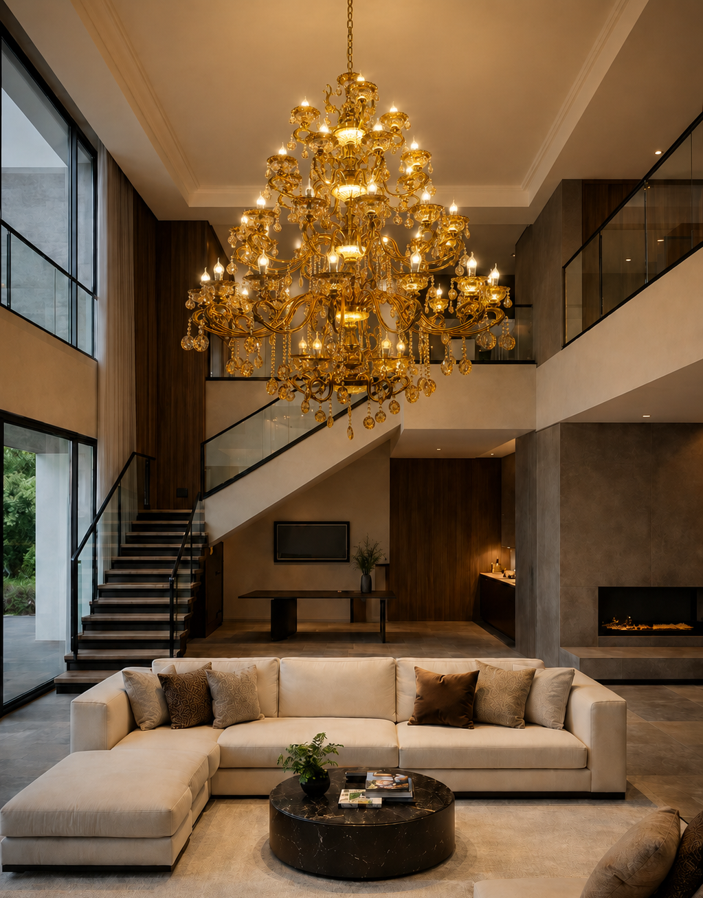 HDC 45 Light Luxury Gold Crystal Multi-Tier Chandelier for Double Height Living Room, Hotel Lobby & Staircase