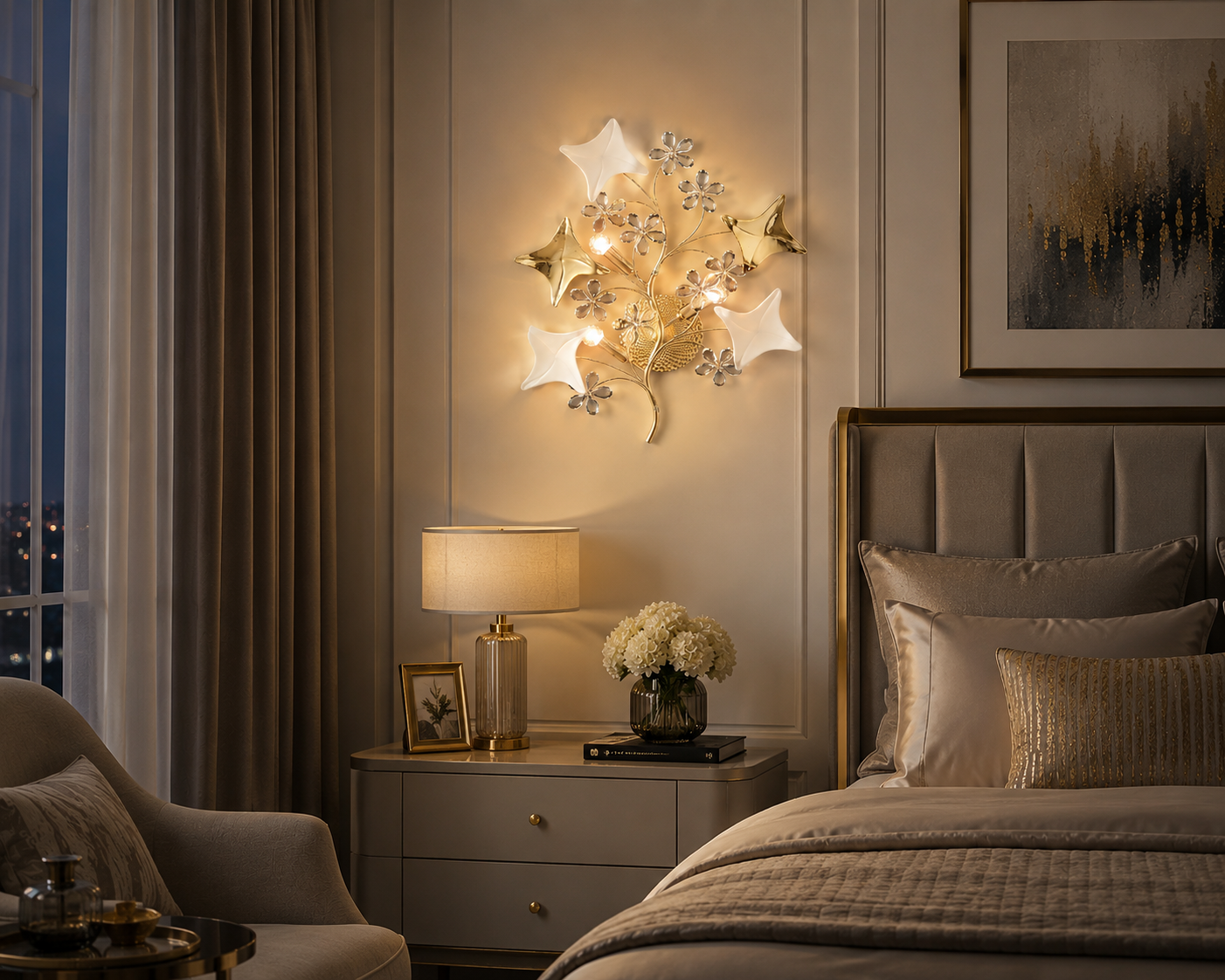 HDC Luxury Floral Crystal Wall Light for Bedroom, Living Room