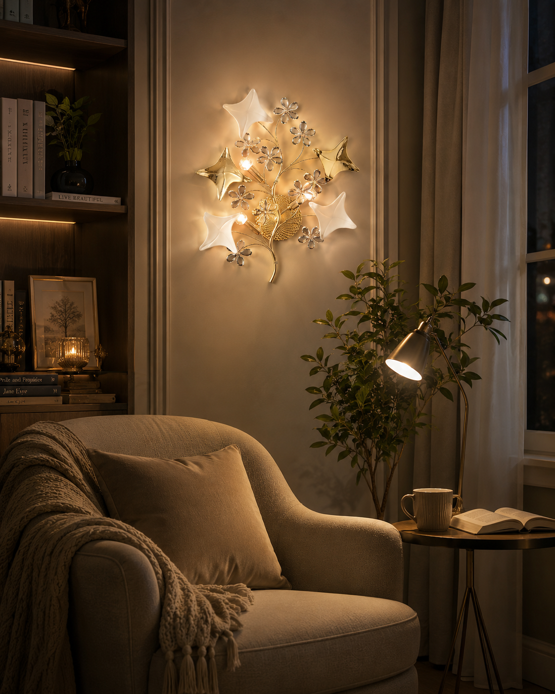HDC Luxury Floral Crystal Wall Light for Bedroom, Living Room