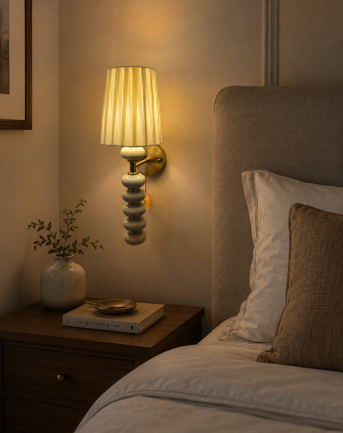 HDC Modern Ribbed Ceramic Wall Light with Fabric Shade for Bedroom, Living Room