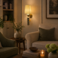 HDC Modern Ribbed Ceramic Wall Light with Fabric Shade for Bedroom, Living Room