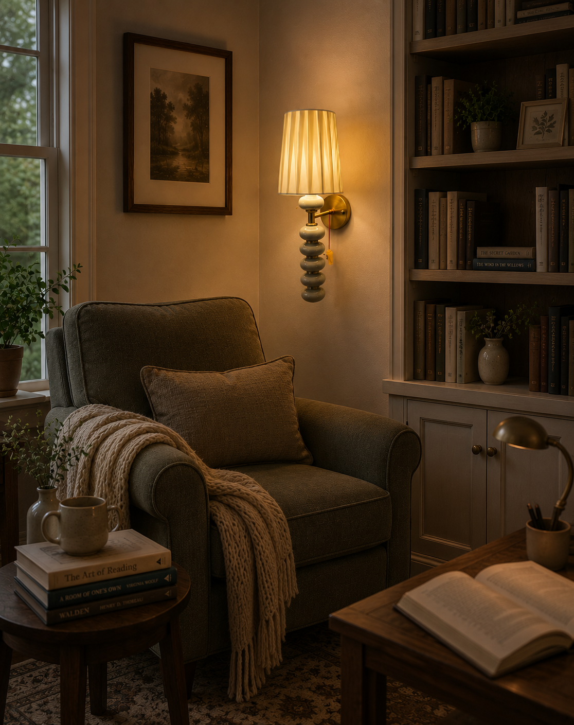 HDC Modern Ribbed Ceramic Wall Light with Fabric Shade for Bedroom, Living Room