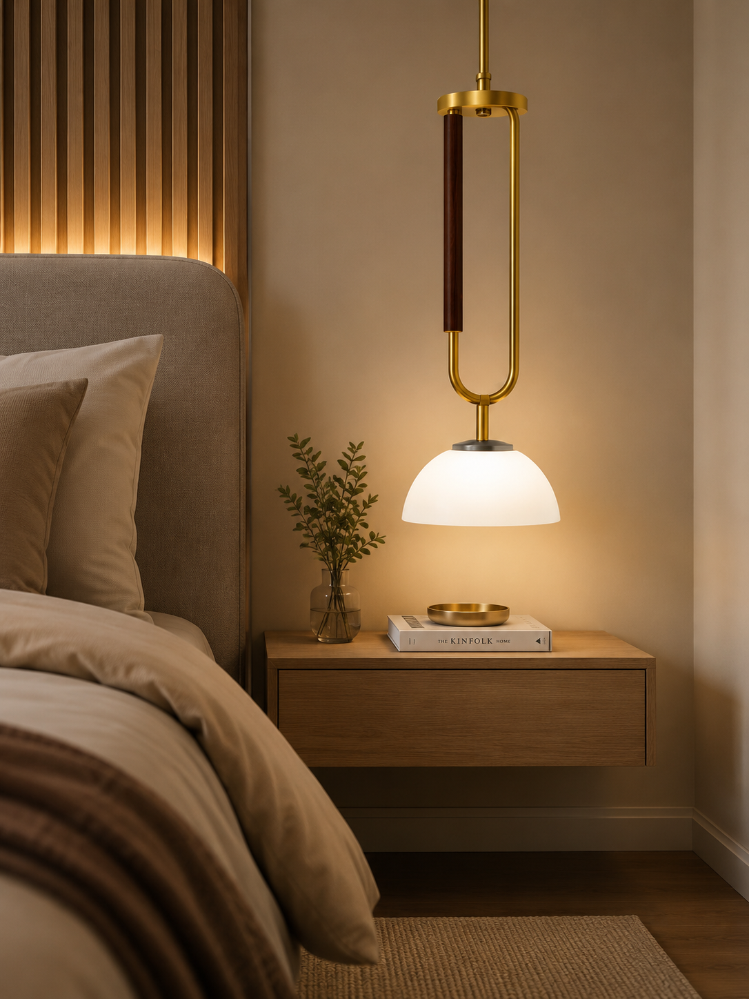 HDC Modern Brass & White Glass Pendant Light for Bedroom, Living Room