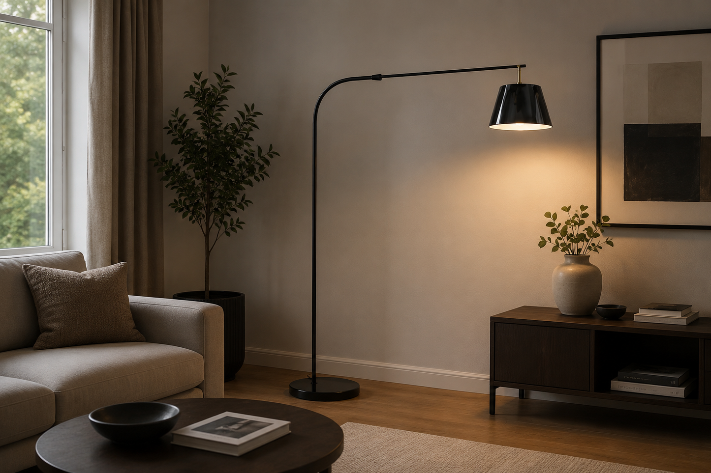 HDC Modern Black Metal Floor Lamp with Fabric Shade for Bedroom, Living Room