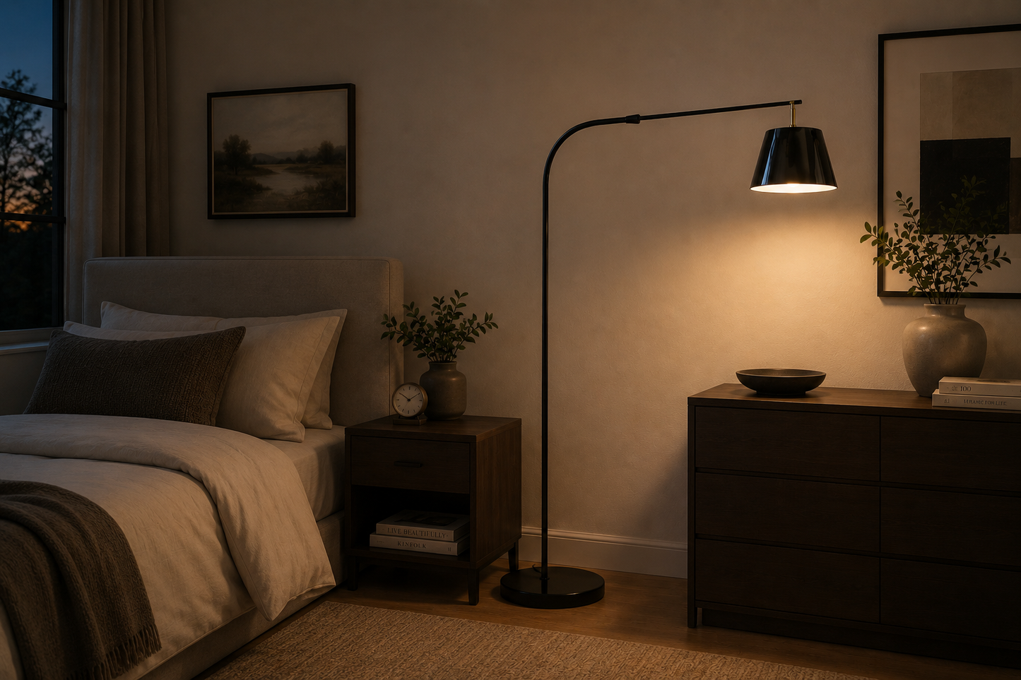 HDC Modern Black Metal Floor Lamp with Fabric Shade for Bedroom, Living Room