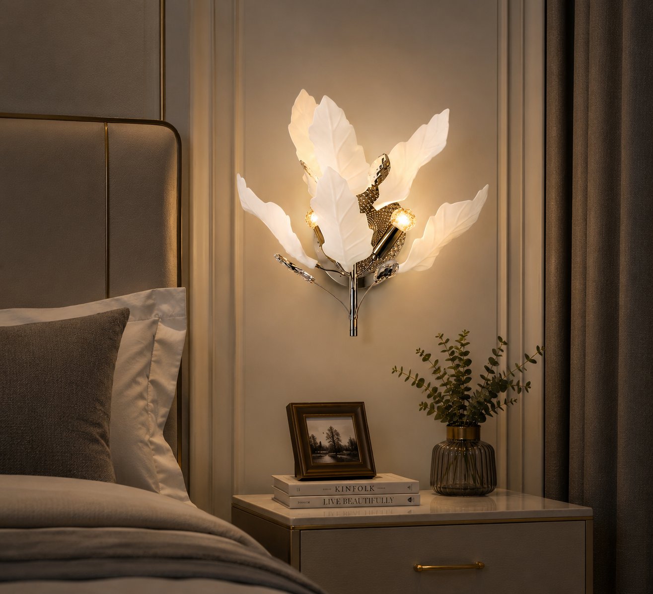 HDC Gold & White Luxury Leaf Design Wall Light for Bedroom, Living Room