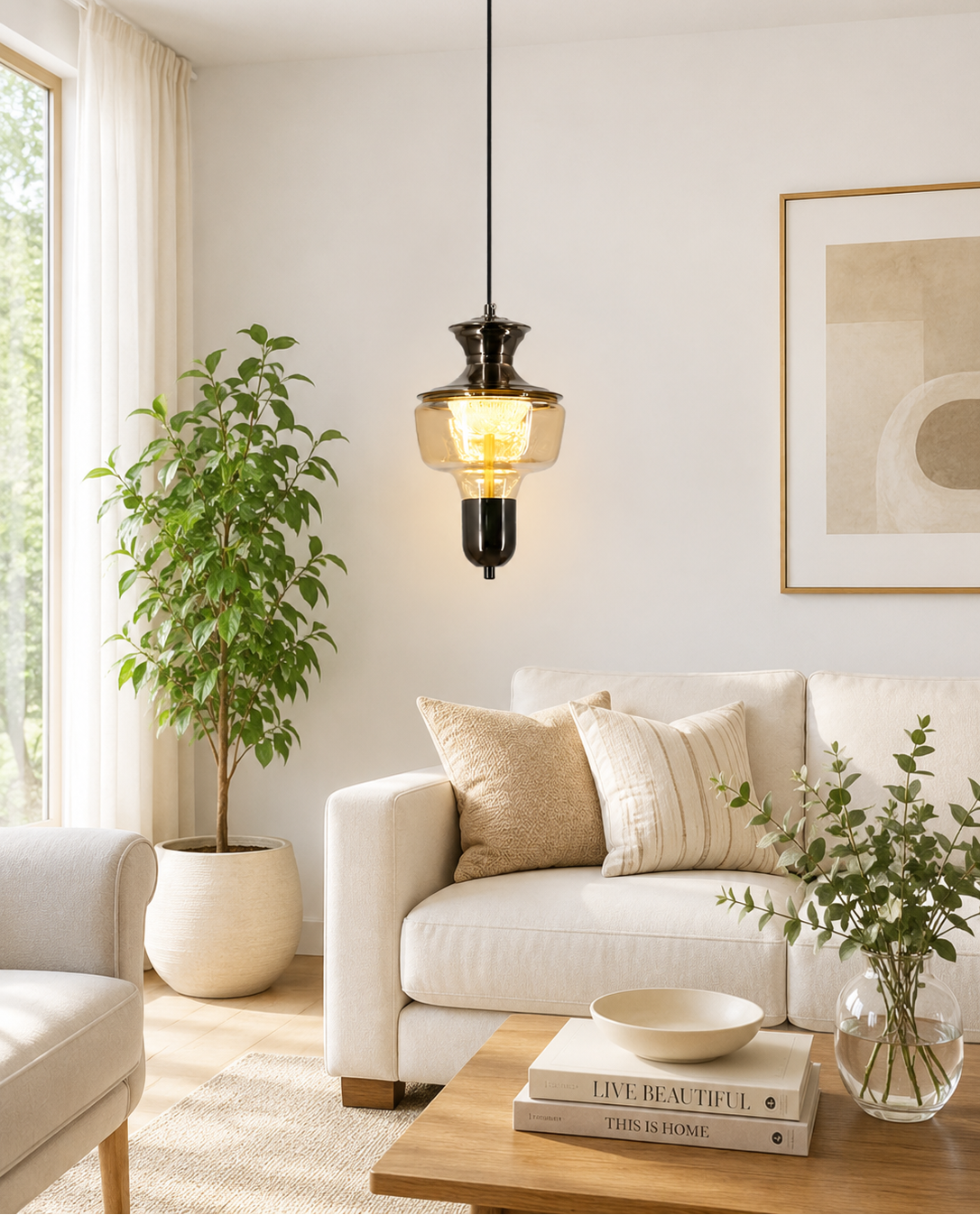 HDC Modern Amber Glass Hanging Pendant Light for Dining, Kitchen & Café Décor