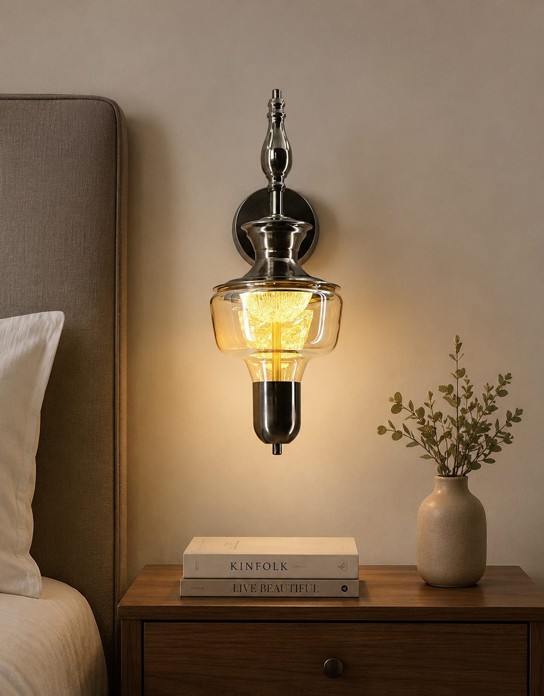 HDC Modern Vintage Amber Glass Wall Light for Bedroom, Living Room