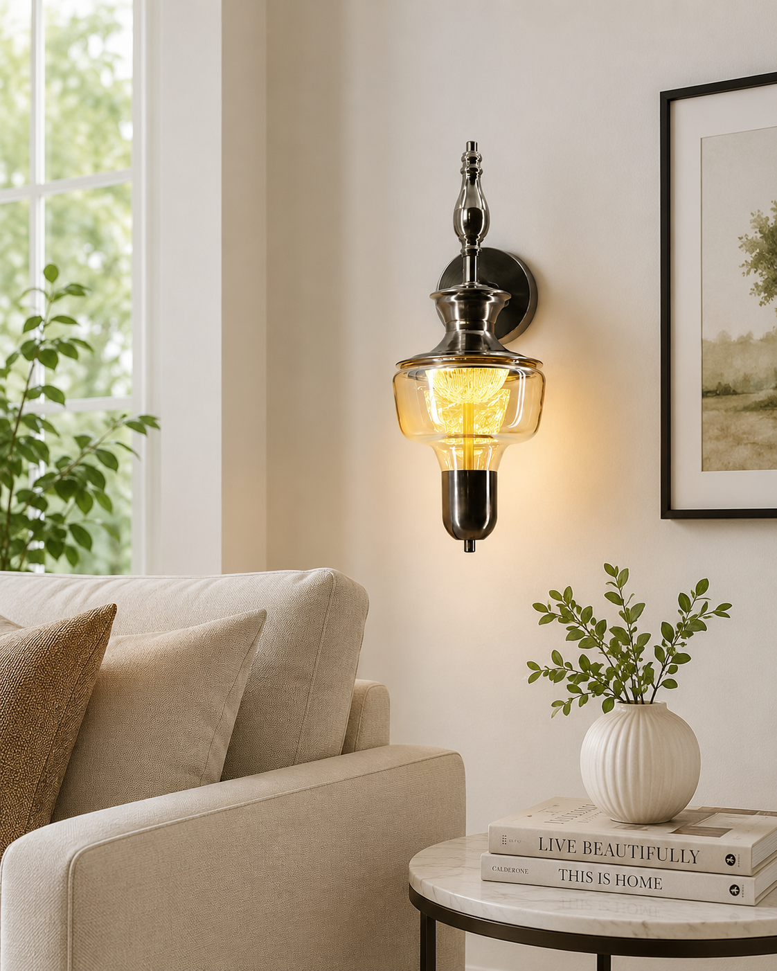 HDC Modern Vintage Amber Glass Wall Light for Bedroom, Living Room