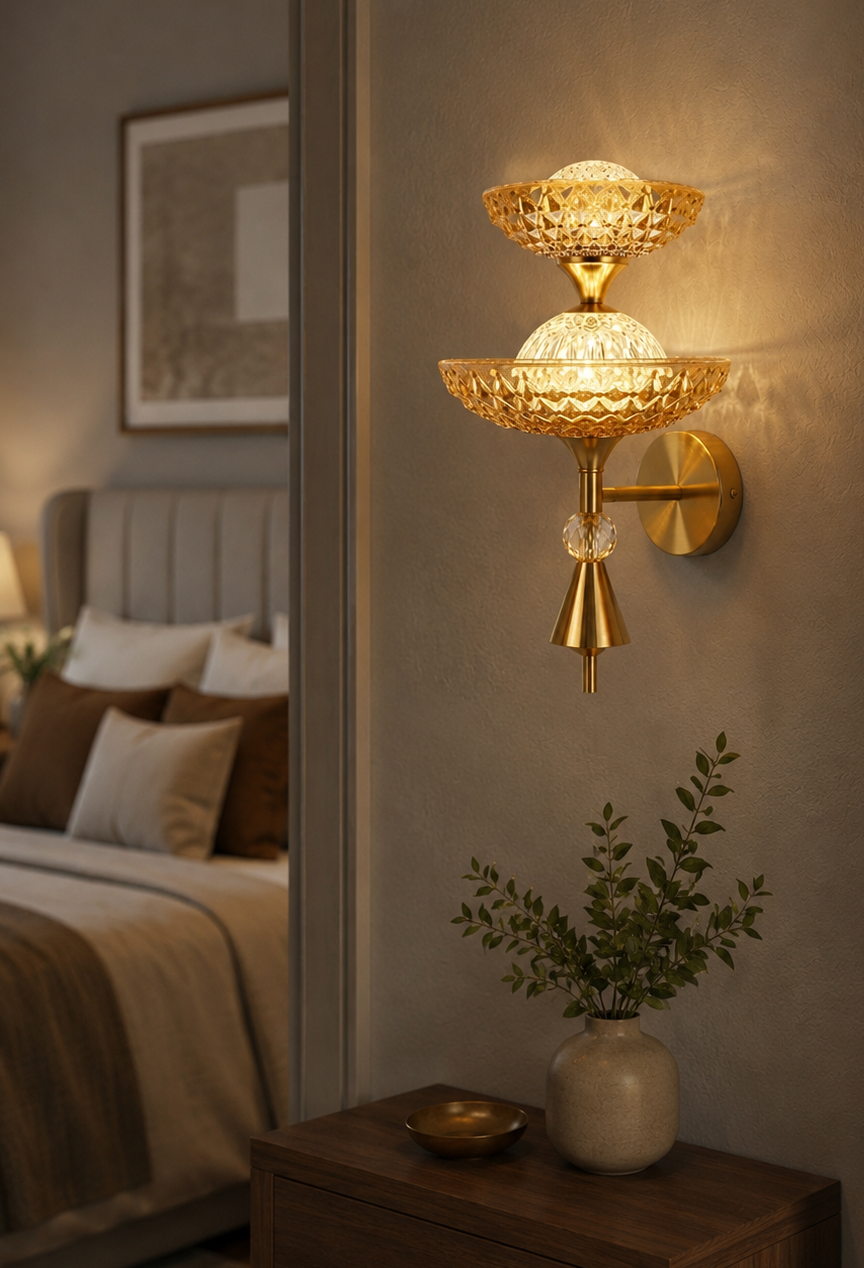 HDC Luxury Gold Crystal Dual Layer Wall Light for Bedroom, Living Room