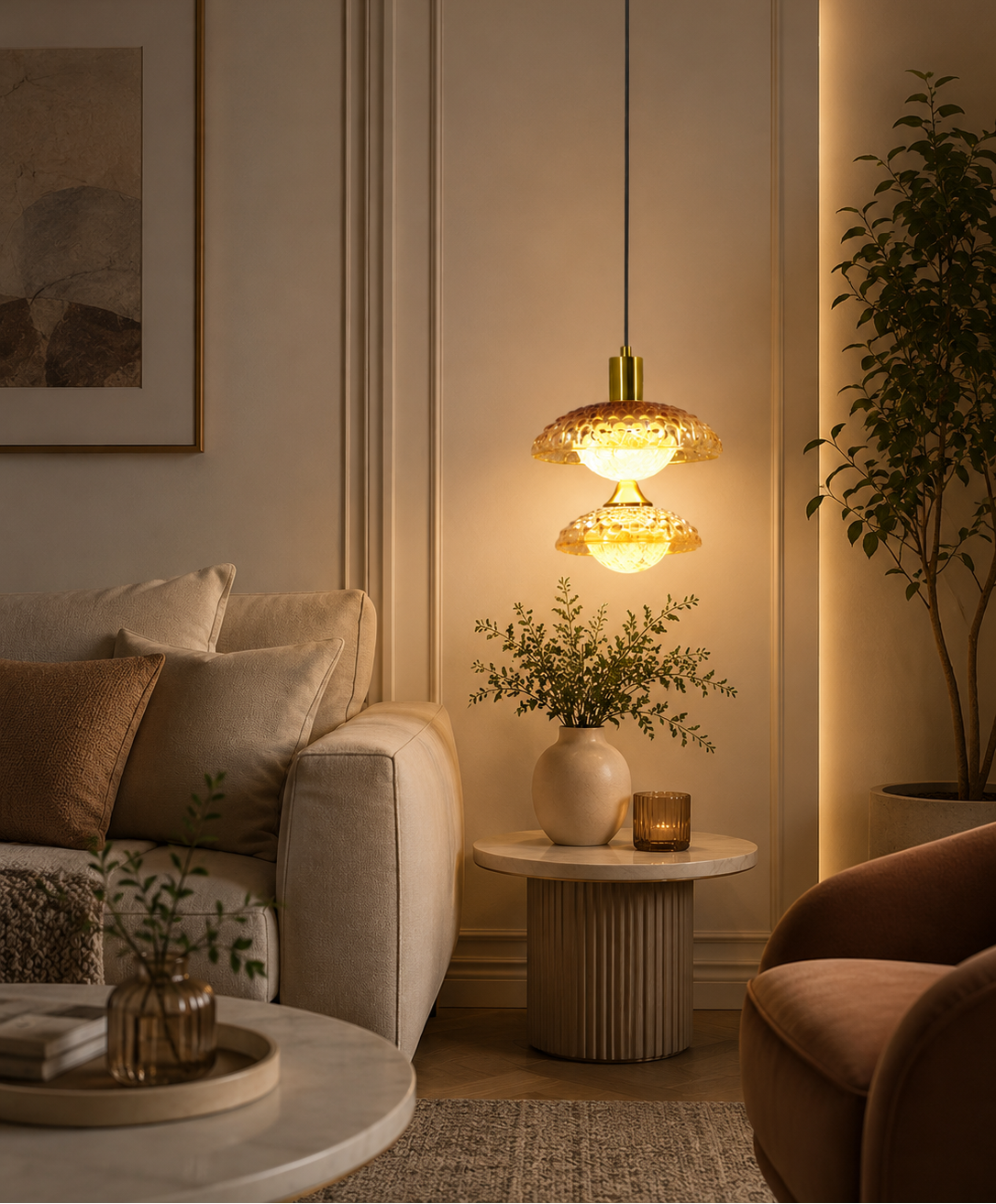 HDC Luxury Amber Crystal Glass Pendant Light for Dining, Bedside & Living Room