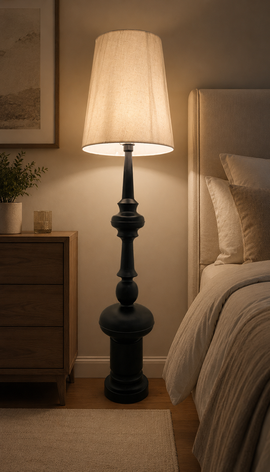 HDC Modern Black Designer Floor Lamp with Fabric Shade for Bedroom, Living Room