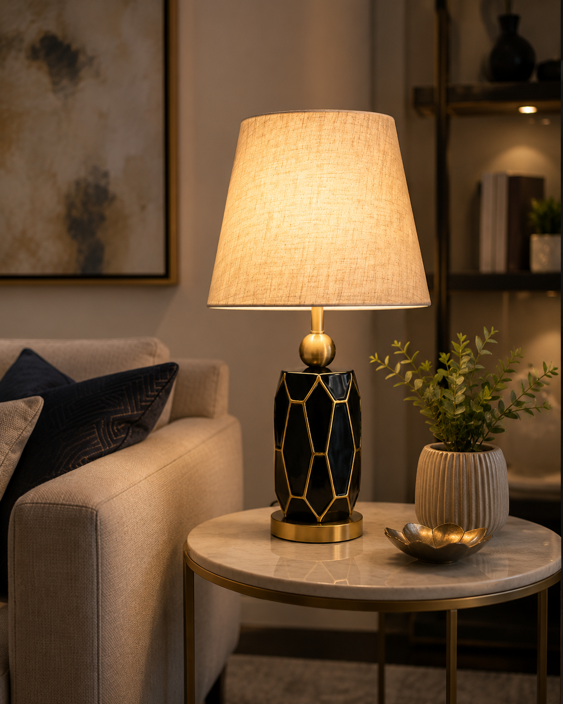 HDC Modern Ceramic Table Lamp with Fabric Shade for Bedroom & Living Room