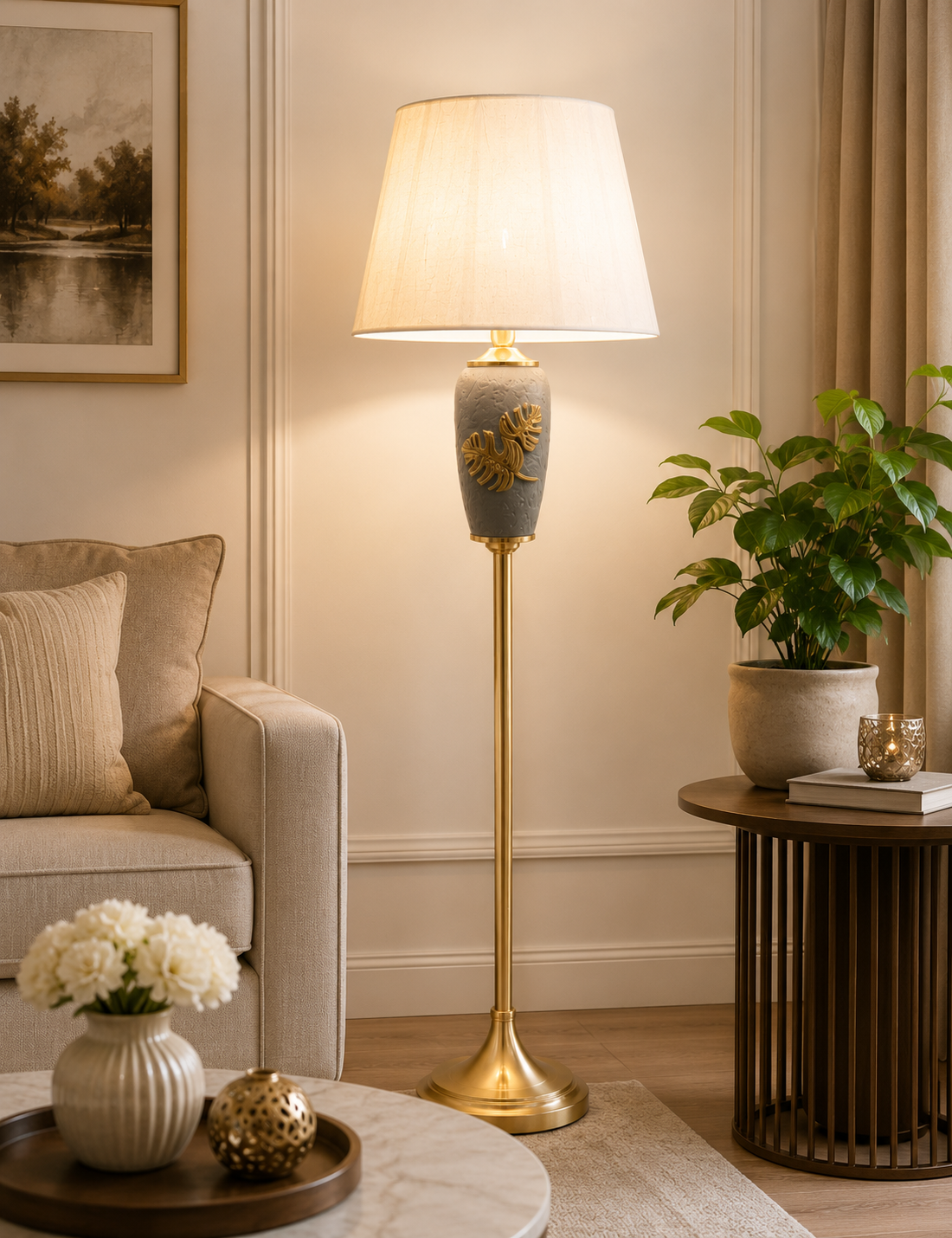 HDC Luxury Leaf Design Floor Lamp with Fabric Shade for Bedroom, Living Room
