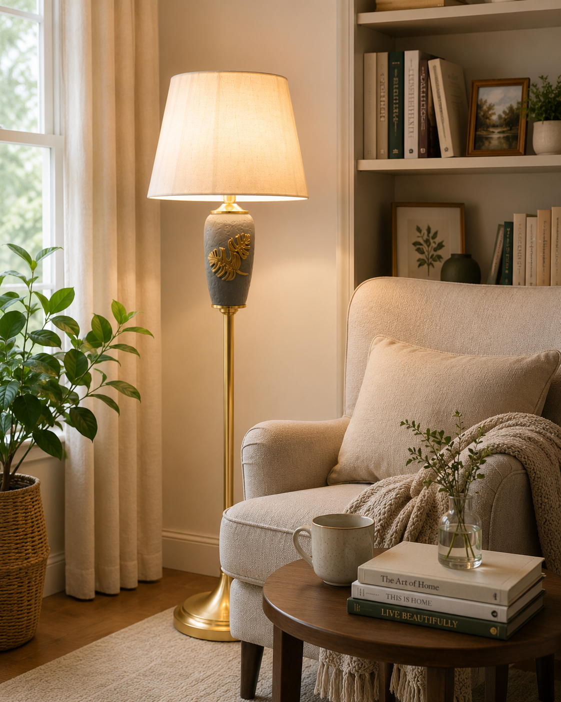 HDC Luxury Leaf Design Floor Lamp with Fabric Shade for Bedroom, Living Room