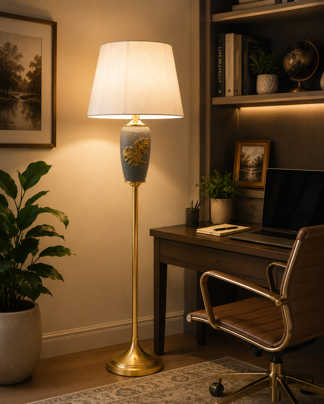 HDC Luxury Leaf Design Floor Lamp with Fabric Shade for Bedroom, Living Room