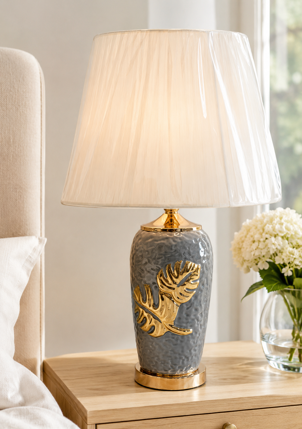 HDC Luxury Leaf Design Table Lamp with Fabric Shade for Bedroom, Living Room