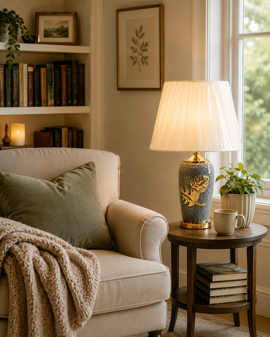HDC Luxury Leaf Design Table Lamp with Fabric Shade for Bedroom, Living Room
