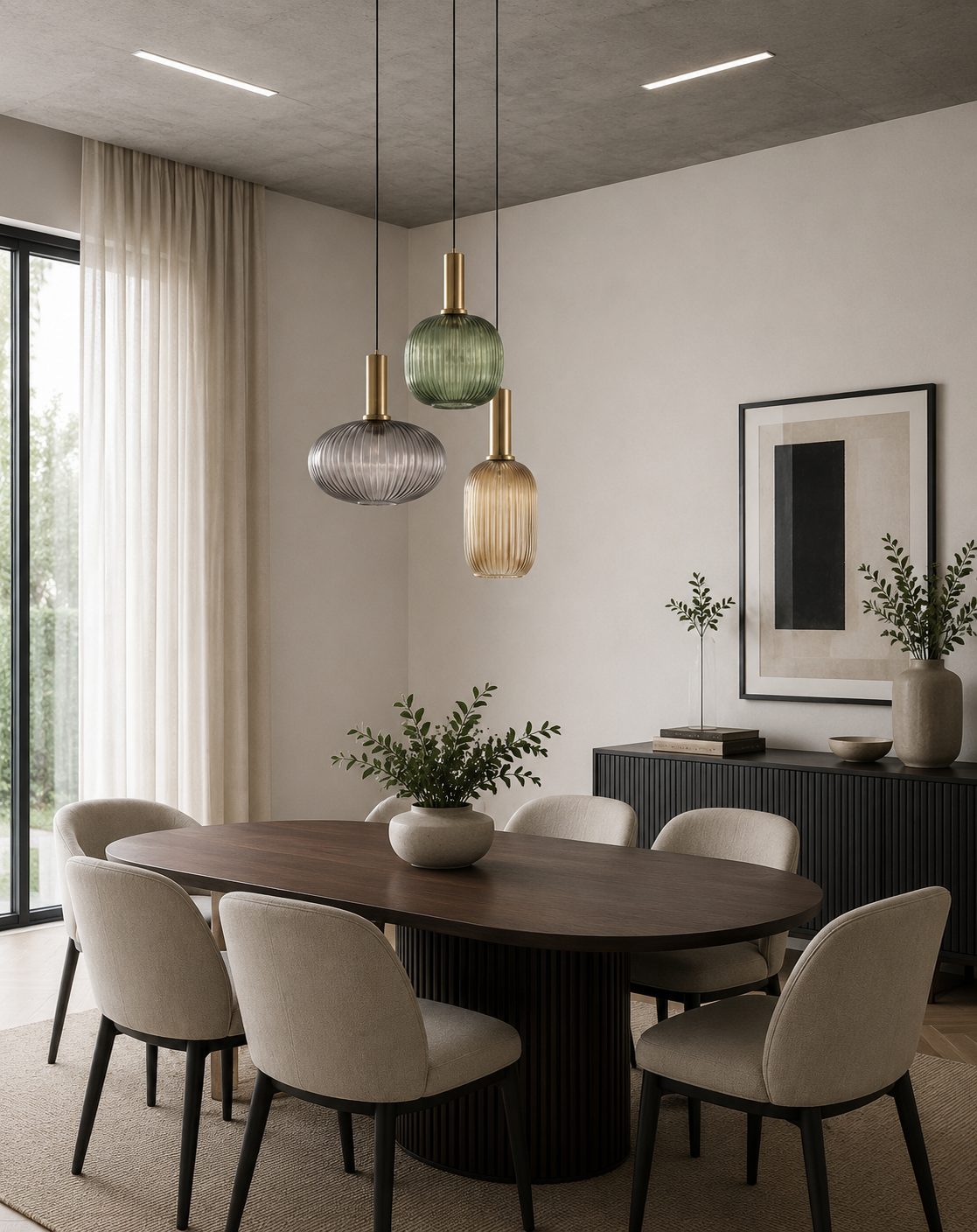 HDC Modern Ribbed Glass Triple Pendant Light for Bedroom, Living Room
