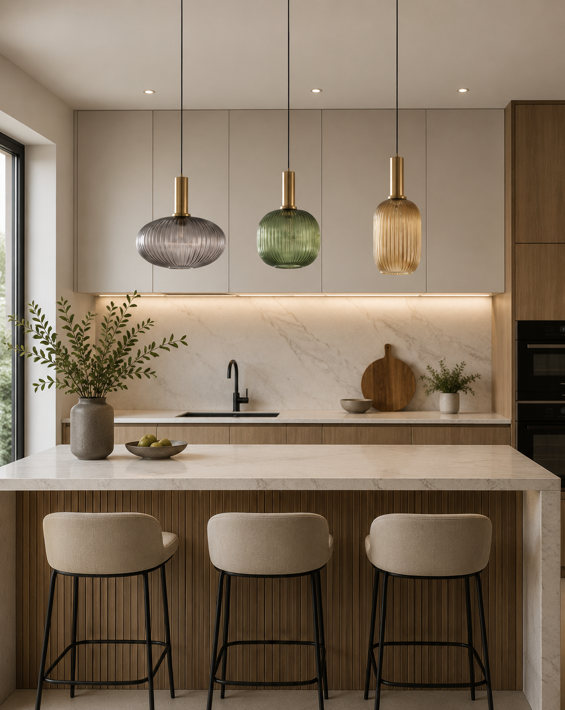 HDC Modern Ribbed Glass Triple Pendant Light for Bedroom, Living Room