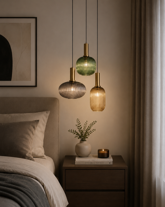 HDC Modern Ribbed Glass Triple Pendant Light for Bedroom, Living Room